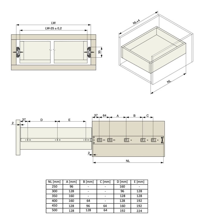 Prowadnica kulkowa H35 pełny wysuw 350 mm 25 kg Riex NB35 wymiary