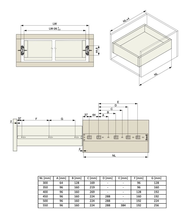 Prowadnica kulkowa H45 pełny wysuw 350 mm 30 kg Riex NB45 wymiary