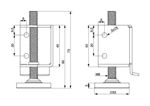 Nóżka meblowa metalowa regulowana ze wspornikiem 120 kg cynkowana H60 (kpl. L+R) - wymiary