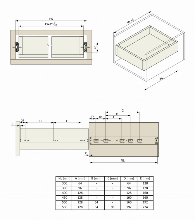 Prowadnica kulkowa cichy domyk H45 pełny wysuw 550 mm 30 kg Riex NB48 wymiary