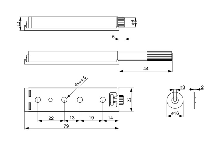 Odbojnik z magnesem zewnętrzny srebrny tip-on push for open Riex NK35 - wymiary