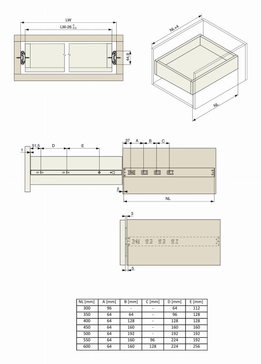 Prowadnica kulkowa push for open H45 pełny wysuw 450 mm 35 kg Riex NB51 wymiary