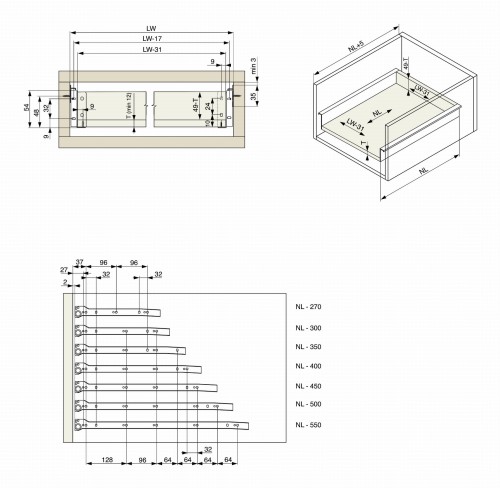Prowadnica Metal box H54 - wymiary
