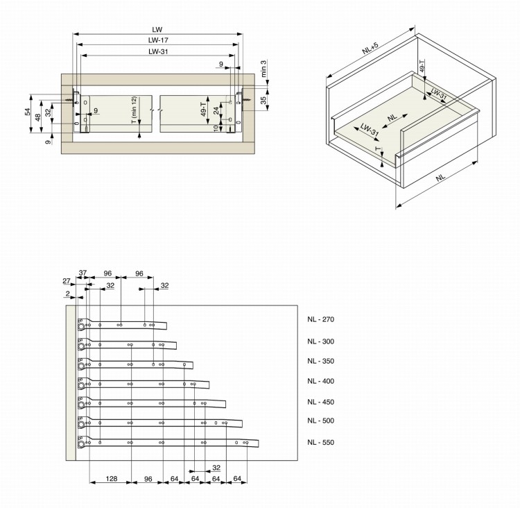 Prowadnica Metal box H54 - wymiary
