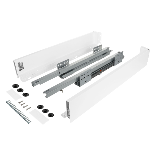 Zestaw - Szuflada SLIM do płyty 18mm i 16mm (z redukcją), 40kg H-84 (niska) L-450 mm, biały, Riex ND60 + wkręty montażowe
