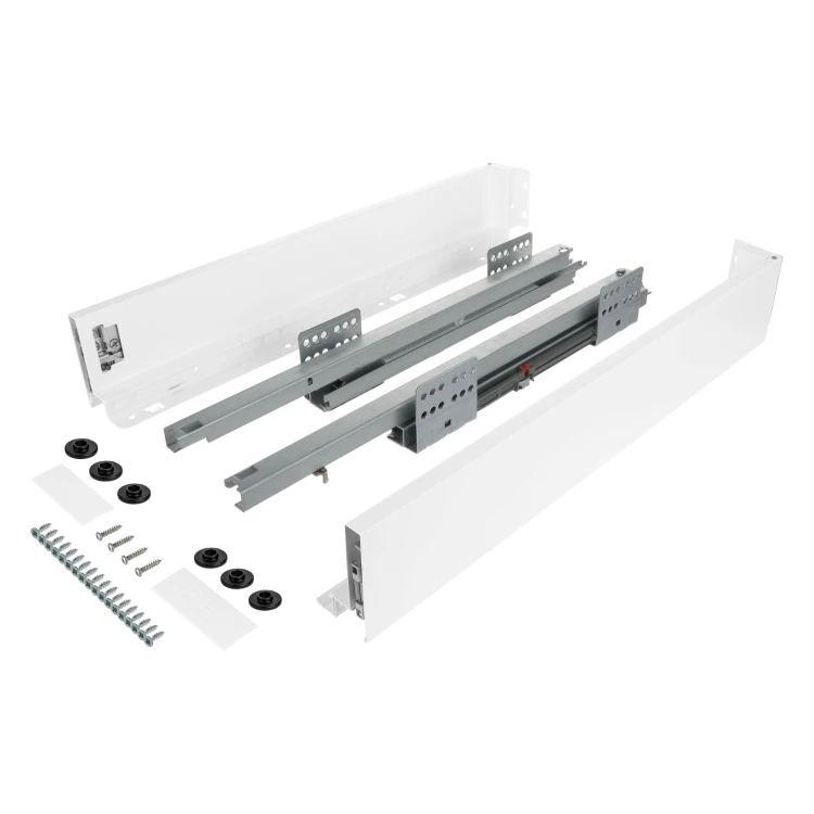 Zestaw - Szuflada SLIM do płyty 18mm i 16mm (z redukcją), 40kg H-84 (niska) L-450 mm, biały, Riex ND60 + wkręty montażowe