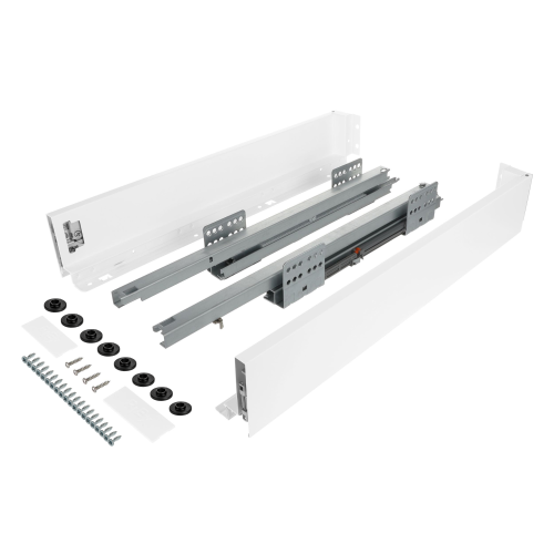 Zestaw - Szuflada SLIM do płyty 18mm i 16mm (z redukcją), 40kg H-84 (niska) L-500 mm, biały, Riex ND60 + wkręty montażowe