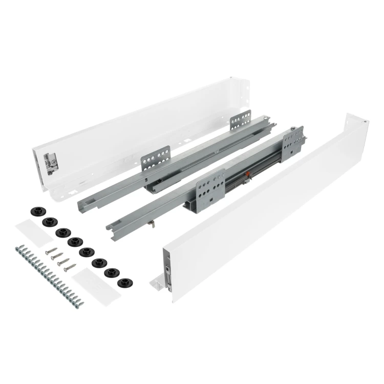 Zestaw - Szuflada SLIM do płyty 18mm i 16mm (z redukcją), 40kg H-84 (niska) L-550 mm, biały, Riex ND60 + wkręty montażowe