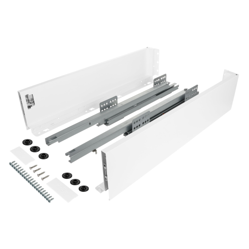 Zestaw - Szuflada SLIM do płyty 18mm i 16mm (z redukcją), 40kg H-116 (średnia) L-450 mm, biały, Riex ND60 + wkręty montażowe