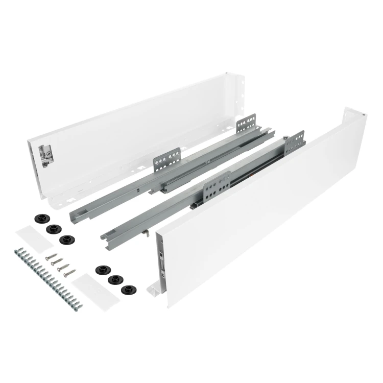 Zestaw - Szuflada SLIM do płyty 18mm i 16mm (z redukcją), 40kg H-116 (średnia) L-450 mm, biały, Riex ND60 + wkręty montażowe