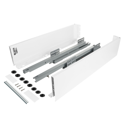 Zestaw - Szuflada SLIM do płyty 18mm i 16mm (z redukcją), 40kg H-116 (średnia) L-500 mm, biały, Riex ND60 + wkręty montażowe