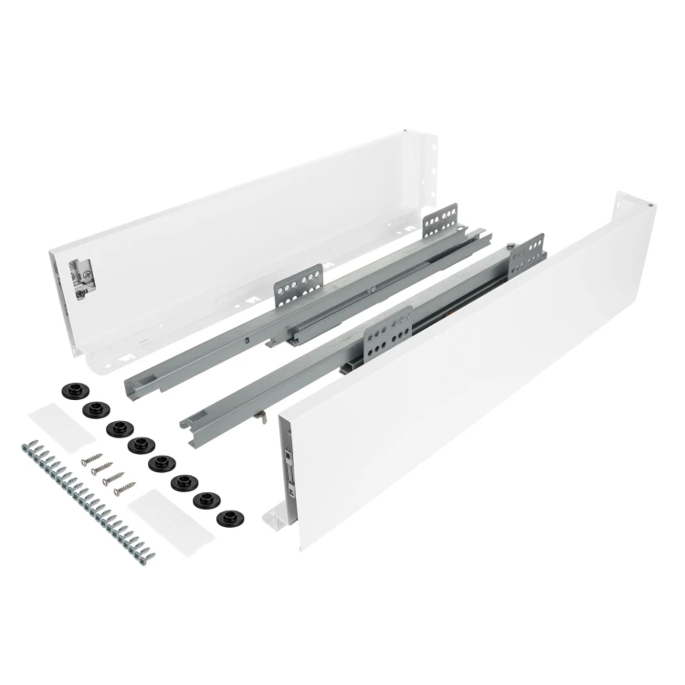 Zestaw - Szuflada SLIM do płyty 18mm i 16mm (z redukcją), 40kg H-116 (średnia) L-500 mm, biały, Riex ND60 + wkręty montażowe