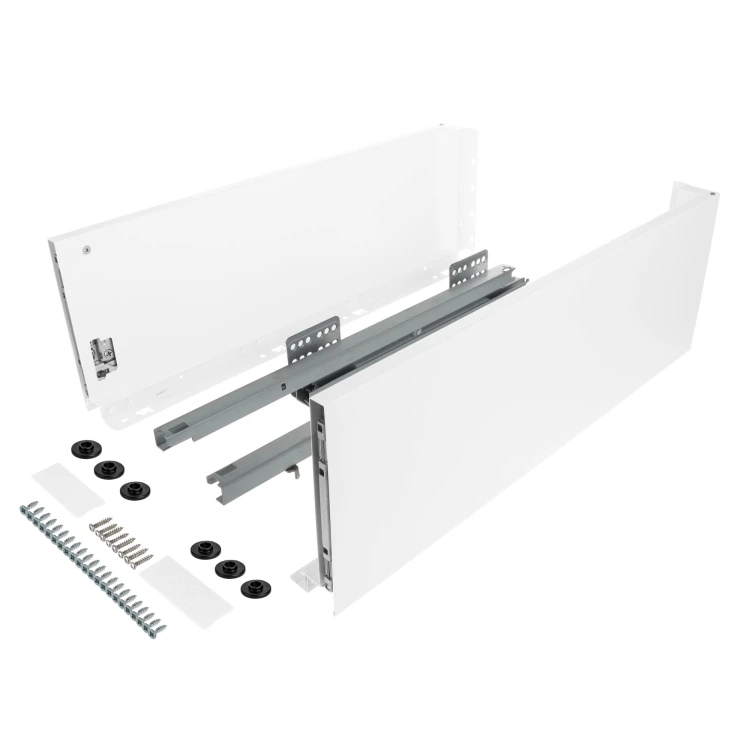 Zestaw - Szuflada SLIM do płyty 18mm i 16mm (z redukcją), 40kg H-167 (wysoka) L-450 mm, biały, Riex ND60 + wkręty montażowe