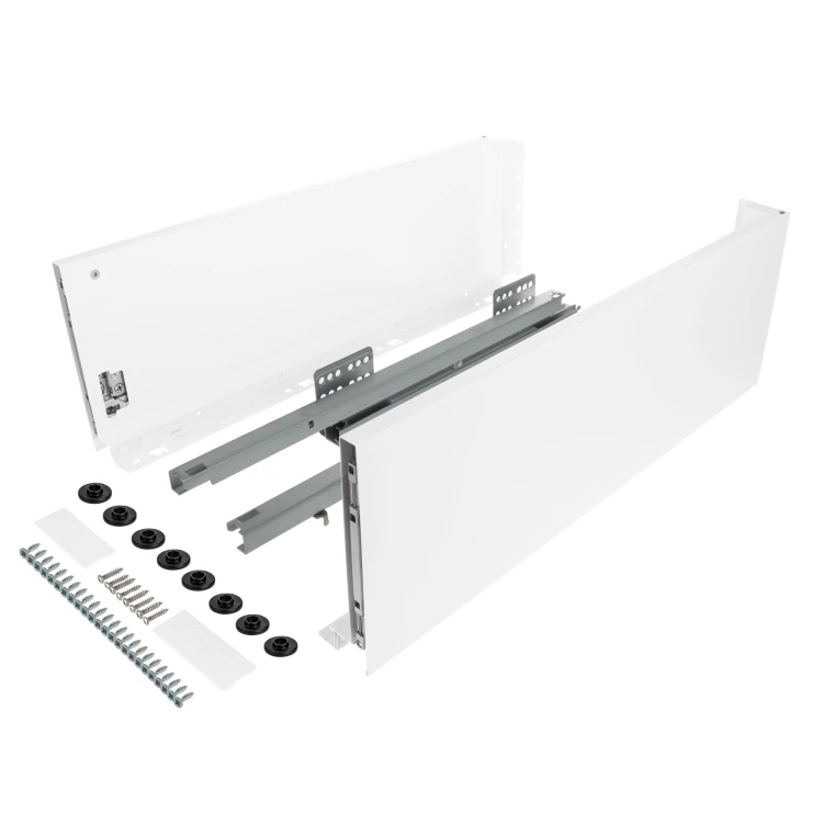 Zestaw - Szuflada SLIM do płyty 18mm i 16mm (z redukcją), 40kg H-167 (wysoka) L-550 mm, biały, Riex ND60 + wkręty montażowe