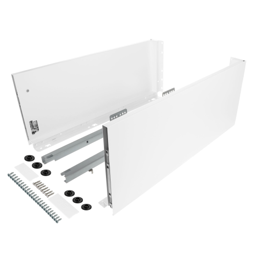 Zestaw - Szuflada SLIM do płyty 18mm i 16mm (z redukcją), 40kg H-199 (bardzo wysoka) L-450 mm, biały, Riex ND60 + wkręty montażowe
