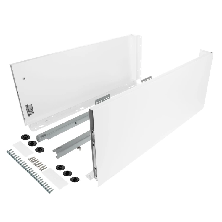 Zestaw - Szuflada SLIM do płyty 18mm i 16mm (z redukcją), 40kg H-199 (bardzo wysoka) L-450 mm, biały, Riex ND60 + wkręty montażowe