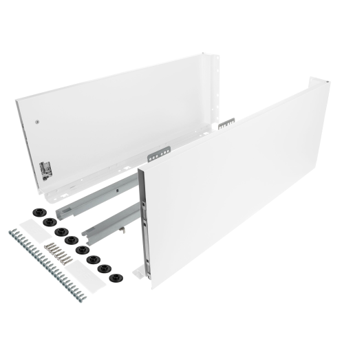 Zestaw - Szuflada SLIM do płyty 18mm i 16mm (z redukcją), 40kg H-199 (bardzo wysoka) L-500 mm, biały, Riex ND60 + wkręty montażowe