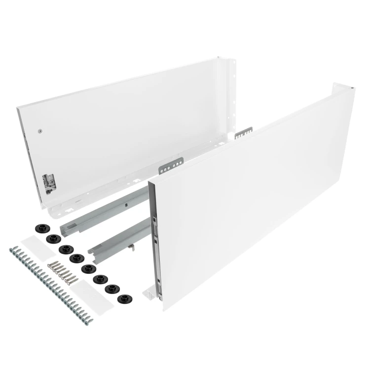 Zestaw - Szuflada SLIM do płyty 18mm i 16mm (z redukcją), 40kg H-199 (bardzo wysoka) L-550 mm, biały, Riex ND60 + wkręty montażowe