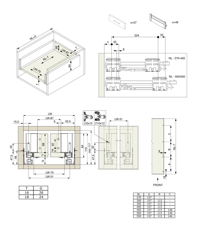 Zestaw - Szuflada SLIM do płyty 18mm i 16mm (z redukcją), 40kg H-199 (bardzo wysoka) L-550 mm, biały, Riex ND60 + wkręty montażowe